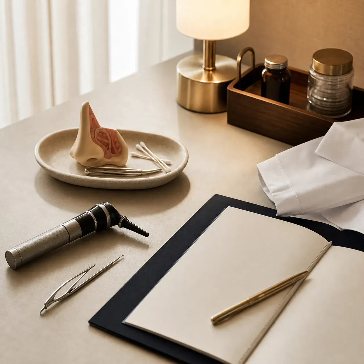 Illustrative editorial image: workspace detail with ENT instruments